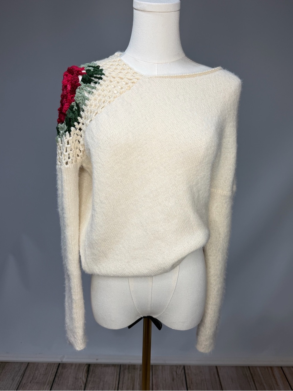 SHEIN Cream Pullover with Crochet Rose Shoulder Detail